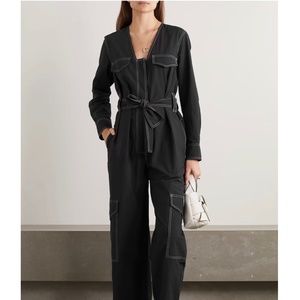 Ganni Topstitch V-Neck Summer Organic Cotton Utility Jumpsuit SZ L